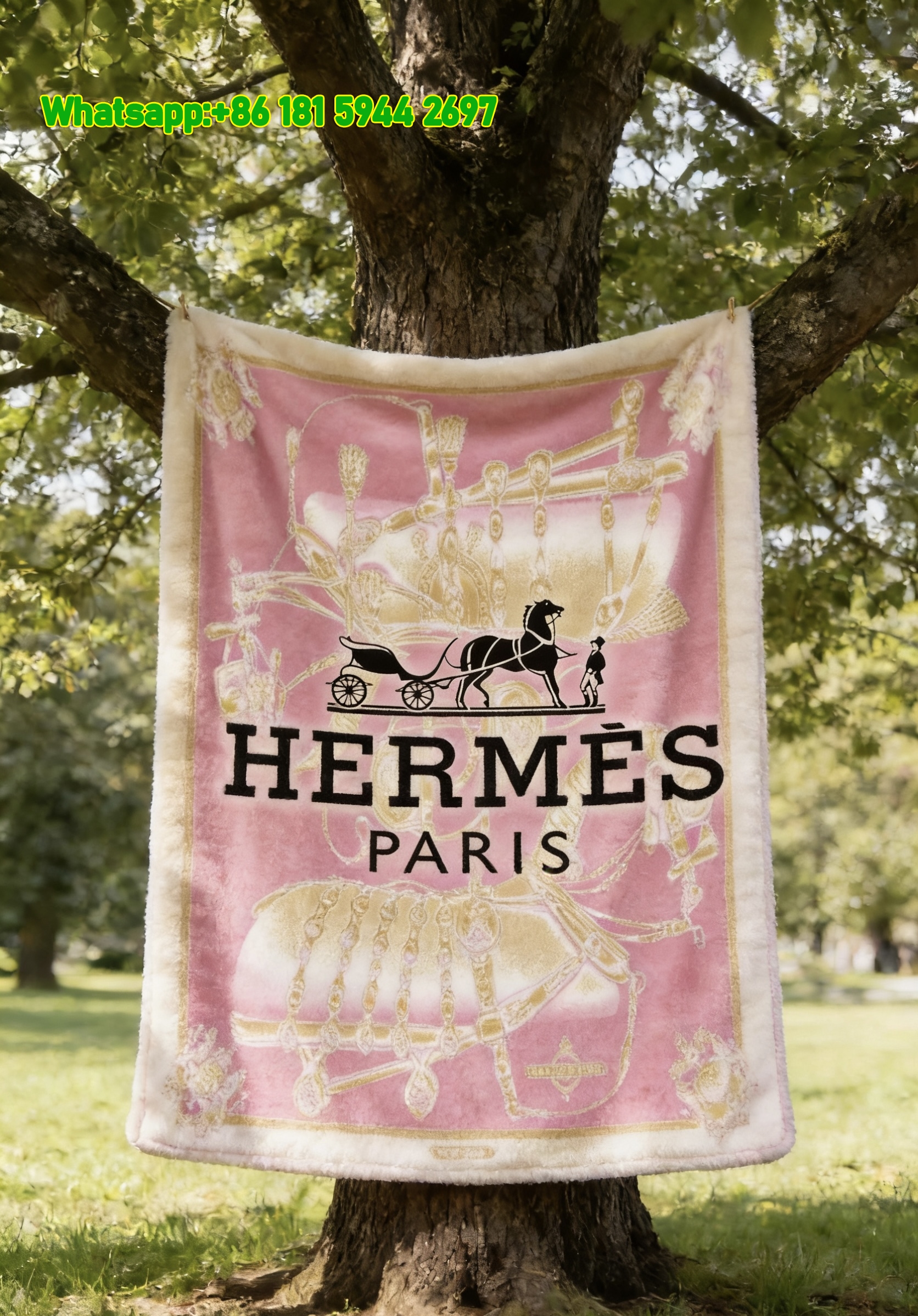 Hermès Pink & Gold Horse Carriage Flannel Fleece Throw Blanket IMG_4979